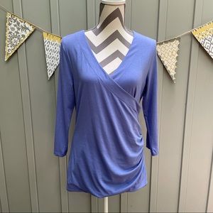 Soft Surroundings Shapely Surplice Top Blue 3/4 Sleeve Faux Wrap Size Large